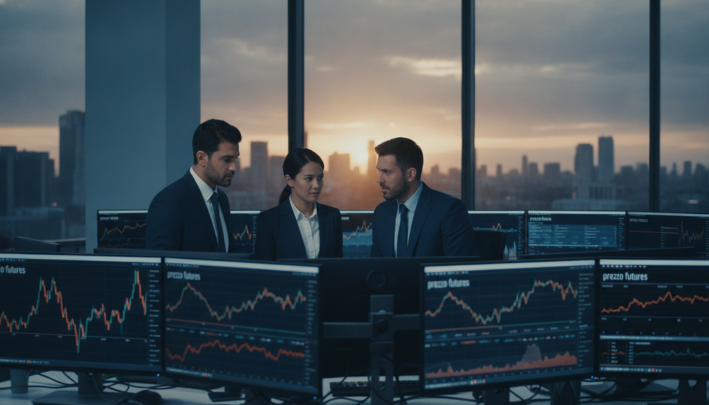 A photorealistic depiction of a modern finance office, featuring a large central trading desk with multiple computer screens displaying dynamic market charts and graphs focused on "prezzo futures." In the foreground, a diverse group of three professionals in business attire evaluate data on screens, deep in discussion, with expressions of concentration and determination. The background showcases a sleek glass window with a city skyline bathed in warm golden sunlight, creating a vibrant contrast with the cool blue tones of the office. The lighting is bright and professional, highlighting the sharp details of the technology and the serious atmosphere. This image conveys a sense of focus and strategy, perfectly complementing the theme of futures trading in a declining market.