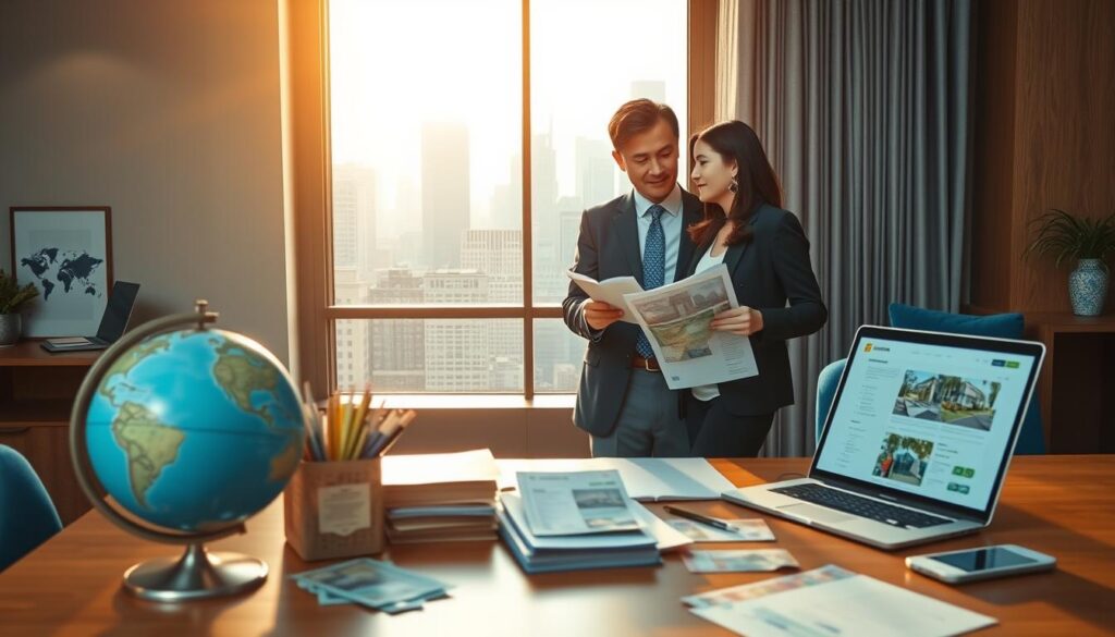 A photorealistic depiction of a modern office space focused on international real estate transactions. In the foreground, a polished wooden desk holds various payment tools such as a globe, currency notes from different countries, and a laptop displaying property listings. In the middle, a professional couple in business attire is discussing investment options, surrounded by documents related to overseas property purchases. The background features a large window with a view of an urban skyline, bathed in warm, golden sunlight, complemented by blue accents in decor and furnishings, creating a clean and premium atmosphere. The overall mood is one of professionalism and optimism, reflecting the excitement of purchasing property abroad. A photorealistic depiction of a modern office space focused on international real estate transactions. In the foreground, a polished wooden desk holds various payment tools such as a globe, currency notes from different countries, and a laptop displaying property listings. In the middle, a professional couple in business attire is discussing investment options, surrounded by documents related to overseas property purchases. The background features a large window with a view of an urban skyline, bathed in warm, golden sunlight, complemented by blue accents in decor and furnishings, creating a clean and premium atmosphere. The overall mood is one of professionalism and optimism, reflecting the excitement of purchasing property abroad.