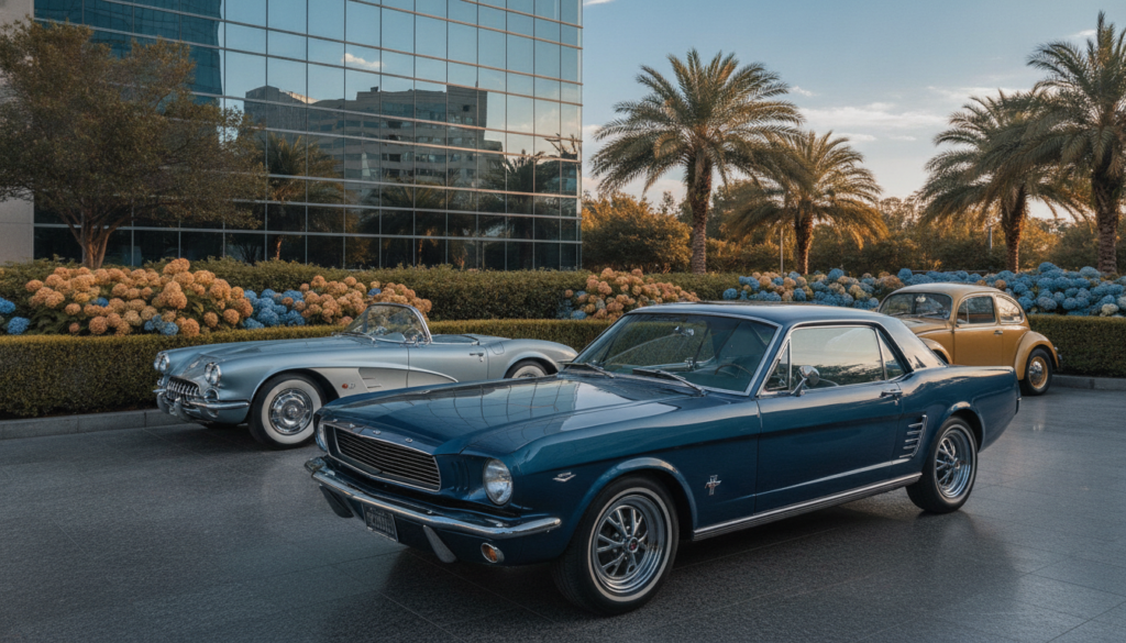 A photorealistic depiction of iconic cars from the 1950s to 1970s showcasing models like the Ford Mustang, Chevrolet Corvette, and Volkswagen Beetle. In the foreground, a sleek, polished Mustang shines under soft, golden lighting, highlighting its curves and chrome details. In the middle ground, a classic Corvette and a stylish Beetle are parked side by side, surrounded by lush greenery. The background features a modern office building with large glass windows reflecting the blue sky, emphasizing a premium feel. The overall atmosphere is sophisticated yet nostalgic, using a blue and gold color palette to convey an elegant ambiance, perfect for a financial setting without any additional text or distractions.