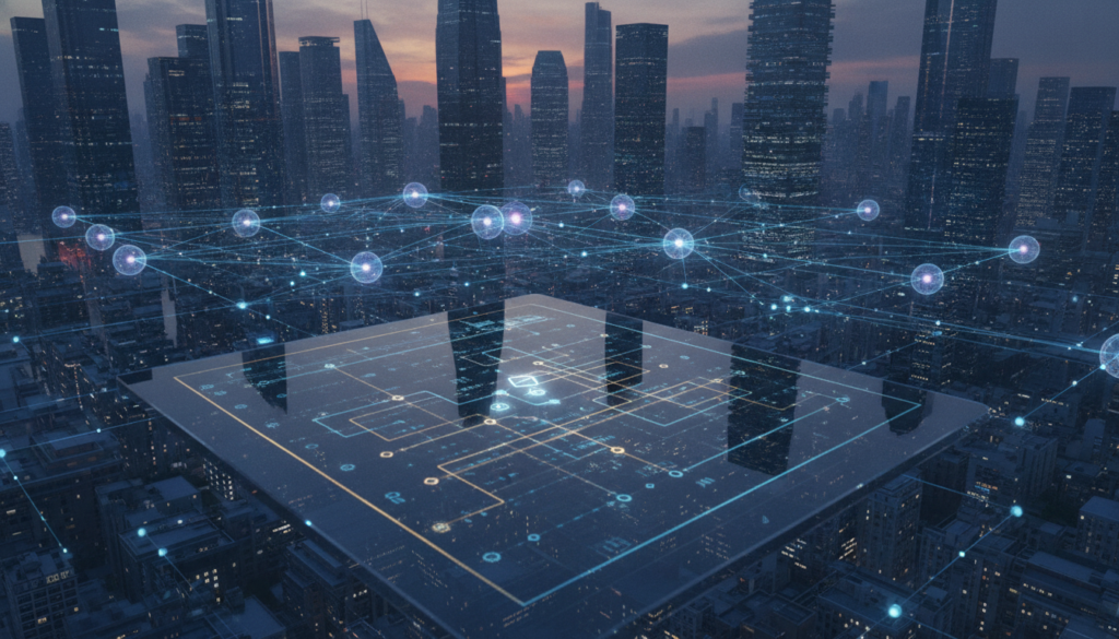 A photorealistic depiction of the Ethereum Beacon Chain, showcasing the Proof-of-Stake mechanism. In the foreground, a sleek digital ledger with vivid blue and gold accents symbolizes the blockchain technology. The middle ground features interconnected nodes represented as glowing orbs, illustrating the network's connectivity and security. The background reveals a futuristic city skyline subtly illuminated by a twilight sky, reflecting innovation and progress. Soft lighting enhances the clean, premium aesthetic, creating a sophisticated atmosphere. The scene conveys trust and stability, emphasizing the importance of the Beacon Chain in the Ethereum ecosystem. The perspective is slightly angled from above to capture the complexity and beauty of the technology, with a focus on vibrant colors and intricate details.