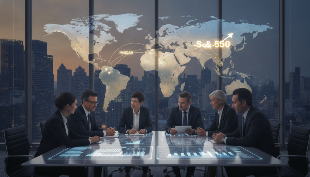 A photorealistic depiction of the global economy represented through a dynamic office environment. In the foreground, a modern conference table made of glass and sleek metal, with diverse professionals in business attire analyzing financial data on digital screens. In the middle ground, a large world map illuminated in shades of blue and gold, illustrating various global stock indices, specifically highlighting the S&P 500. In the background, large windows show a city skyline at dusk, with warm lighting from the setting sun casting a golden hue. The overall atmosphere should be one of optimism and professionalism, conveying the vital role of indices in the global economy. A photorealistic depiction of the global economy represented through a dynamic office environment. In the foreground, a modern conference table made of glass and sleek metal, with diverse professionals in business attire analyzing financial data on digital screens. In the middle ground, a large world map illuminated in shades of blue and gold, illustrating various global stock indices, specifically highlighting the S&P 500. In the background, large windows show a city skyline at dusk, with warm lighting from the setting sun casting a golden hue. The overall atmosphere should be one of optimism and professionalism, conveying the vital role of indices in the global economy.