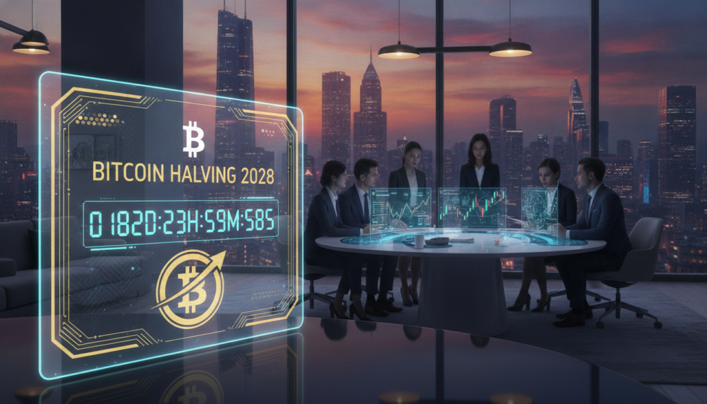 A photorealistic depiction of the upcoming Bitcoin halving event in 2028, set in a sleek, modern office environment. In the foreground, a digital display showcases a countdown timer to the halving, surrounded by elegant gold and blue accents. The middle ground features a diverse group of professionals, men and women, dressed in smart business attire, intently analyzing cryptocurrency market trends on high-tech screens. In the background, large windows reveal a bustling city skyline, bathed in the warm glow of sunset, symbolizing the financial horizon. Soft, ambient lighting enhances the premium atmosphere, conveying a sense of anticipation and innovation in the cryptocurrency market. The overall tone is sophisticated and forward-looking, reflecting the significance of Bitcoin’s halving on global finance. A photorealistic depiction of the upcoming Bitcoin halving event in 2028, set in a sleek, modern office environment. In the foreground, a digital display showcases a countdown timer to the halving, surrounded by elegant gold and blue accents. The middle ground features a diverse group of professionals, men and women, dressed in smart business attire, intently analyzing cryptocurrency market trends on high-tech screens. In the background, large windows reveal a bustling city skyline, bathed in the warm glow of sunset, symbolizing the financial horizon. Soft, ambient lighting enhances the premium atmosphere, conveying a sense of anticipation and innovation in the cryptocurrency market. The overall tone is sophisticated and forward-looking, reflecting the significance of Bitcoin’s halving on global finance.