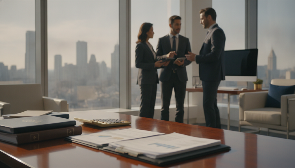 A photorealistic financial office interior showcasing the driving sectors of Dividend Aristocrats in the USA and Europe. In the foreground, a polished mahogany desk holds neatly arranged financial reports and an elegant gold calculator, symbolizing wealth and stability. The middle ground displays a diverse group of four professionals—two men and two women—in business attire, engaged in a discussion, embodying collaboration and expertise. They are surrounded by large windows showcasing a city skyline bathed in warm, golden light, highlighting a prosperous atmosphere. The background features sleek, modern furnishings with subtle blue and gold accents, creating a refined and premium ambience. Soft light filters through, casting gentle shadows and contributing to a confident, optimistic vibe. No text, charts, or signatures are present. A photorealistic financial office interior showcasing the driving sectors of Dividend Aristocrats in the USA and Europe. In the foreground, a polished mahogany desk holds neatly arranged financial reports and an elegant gold calculator, symbolizing wealth and stability. The middle ground displays a diverse group of four professionals—two men and two women—in business attire, engaged in a discussion, embodying collaboration and expertise. They are surrounded by large windows showcasing a city skyline bathed in warm, golden light, highlighting a prosperous atmosphere. The background features sleek, modern furnishings with subtle blue and gold accents, creating a refined and premium ambience. Soft light filters through, casting gentle shadows and contributing to a confident, optimistic vibe. No text, charts, or signatures are present.