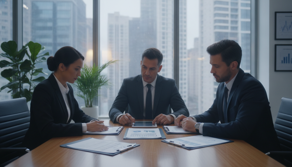 A photorealistic financial office scene focused on the theme of broker regulations. In the foreground, a diverse group of three professionals in smart business attire, engaged in a serious discussion around a polished wooden conference table, reviewing documents that symbolize legal agreements. In the middle, a large window allowing natural light to flood in, with a view of a city skyline, incorporating blue and gold accents to create a prestigious atmosphere. The background features modern office decor with potted plants and subtle charts on the walls, maintaining a clean and premium look. The overall mood conveys professionalism, seriousness, and the importance of compliance in the trading world, with soft, diffused lighting enhancing the scene's elegance.