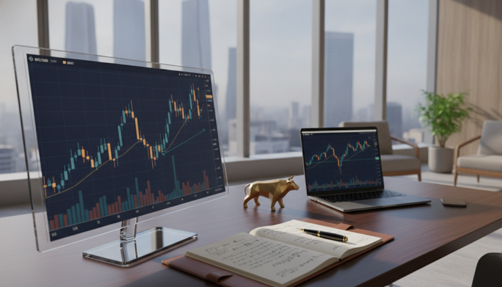 A photorealistic financial scene showcasing a bullish reversal pattern in a trading chart. In the foreground, an elegant digital display reveals a detailed candlestick chart illustrating the inversion pattern, vividly featuring blue and gold colors that convey a sense of professionalism and prosperity. The middle ground includes a sleek office desk with a laptop opened to a trading platform, accentuated by polished accessories such as a gold pen and a notepad with graphs. In the background, large windows let in soft, natural light, illuminating a modern office space with minimalist decor and a city skyline visible outside. The overall atmosphere is one of calm confidence and optimism, reflecting a moment of strategic decision-making in trading.