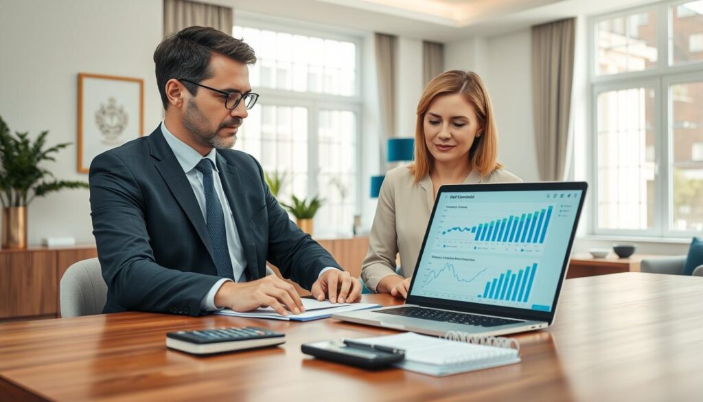 A photorealistic image depicting a business office environment focused on debt consolidation loans. In the foreground, a well-dressed professional couple, a man in a tailored suit and a woman in a smart blouse, are engaged in a serious discussion while reviewing financial documents on a sleek wooden table. The middle ground features a modern laptop displaying graphs and financial data, alongside a calculator and a notepad filled with notes. The background showcases a tastefully decorated office with large windows letting in soft, natural light, highlighting blue and gold accents in the decor. The overall mood is one of determination and optimism, conveying the advantages of debt consolidation. The composition captures a clean, premium aesthetic without any text or distractions. A photorealistic image depicting a business office environment focused on debt consolidation loans. In the foreground, a well-dressed professional couple, a man in a tailored suit and a woman in a smart blouse, are engaged in a serious discussion while reviewing financial documents on a sleek wooden table. The middle ground features a modern laptop displaying graphs and financial data, alongside a calculator and a notepad filled with notes. The background showcases a tastefully decorated office with large windows letting in soft, natural light, highlighting blue and gold accents in the decor. The overall mood is one of determination and optimism, conveying the advantages of debt consolidation. The composition captures a clean, premium aesthetic without any text or distractions.