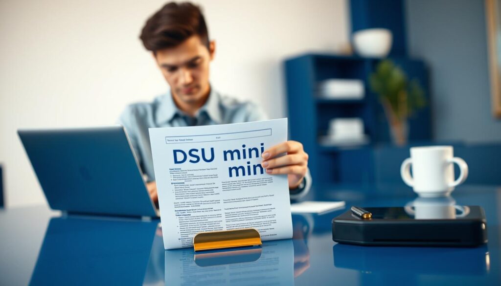 A photorealistic image depicting a business professional analyzing the "DSU mini" document on a sleek blue and gold office desk. In the foreground, a close-up view of the DSU mini document is visible, with its distinctive layout legibly displayed. The middle ground features the professional, a young adult in business attire, concentrating on the document, surrounded by modern office equipment such as a laptop and a coffee cup. In the background, a softly blurred office environment with minimalist décor and soft lighting creates a calm, focused atmosphere. The color palette emphasizes blue and gold tones for a clean, premium look, with natural lighting highlighting the document and the professional's expression. A photorealistic image depicting a business professional analyzing the "DSU mini" document on a sleek blue and gold office desk. In the foreground, a close-up view of the DSU mini document is visible, with its distinctive layout legibly displayed. The middle ground features the professional, a young adult in business attire, concentrating on the document, surrounded by modern office equipment such as a laptop and a coffee cup. In the background, a softly blurred office environment with minimalist décor and soft lighting creates a calm, focused atmosphere. The color palette emphasizes blue and gold tones for a clean, premium look, with natural lighting highlighting the document and the professional's expression.