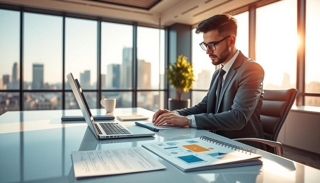 A photorealistic image depicting a focused individual working on a laptop in a modern office space, symbolizing YouTube automation and niche channel creation. In the foreground, the person is dressed in professional business attire, intently analyzing video content ideas. The middle ground features a sleek, well-organized desk with notes and a notepad showcasing brainstorming concepts in blue and gold colors. The background includes a large window revealing a city skyline, letting in warm sunlight, enhancing a clean and polished atmosphere. The lighting is soft and inviting, creating a sense of productivity and motivation. The overall mood reflects professionalism and creativity, perfect for illustrating the theme of choosing a channel niche. A photorealistic image depicting a focused individual working on a laptop in a modern office space, symbolizing YouTube automation and niche channel creation. In the foreground, the person is dressed in professional business attire, intently analyzing video content ideas. The middle ground features a sleek, well-organized desk with notes and a notepad showcasing brainstorming concepts in blue and gold colors. The background includes a large window revealing a city skyline, letting in warm sunlight, enhancing a clean and polished atmosphere. The lighting is soft and inviting, creating a sense of productivity and motivation. The overall mood reflects professionalism and creativity, perfect for illustrating the theme of choosing a channel niche.