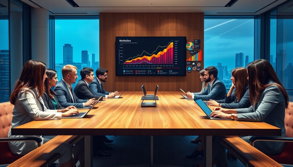 A photorealistic image depicting a modern marketing strategy and operational plan in a sleek office environment. In the foreground, a diverse group of business professionals in formal attire is gathered around a sophisticated wooden conference table, engaging in a lively discussion with digital tablets and laptops in front of them. The middle background features a large, wall-mounted screen displaying dynamic graphs and colorful marketing visuals, symbolizing growth and strategy. Soft blue and gold lighting creates an elegant atmosphere, reflecting professionalism and creativity. The background includes large windows with a cityscape view, enhancing the sense of ambition and opportunity. The overall mood is focused and collaborative, perfect for illustrating a professional marketing strategy session. A photorealistic image depicting a modern marketing strategy and operational plan in a sleek office environment. In the foreground, a diverse group of business professionals in formal attire is gathered around a sophisticated wooden conference table, engaging in a lively discussion with digital tablets and laptops in front of them. The middle background features a large, wall-mounted screen displaying dynamic graphs and colorful marketing visuals, symbolizing growth and strategy. Soft blue and gold lighting creates an elegant atmosphere, reflecting professionalism and creativity. The background includes large windows with a cityscape view, enhancing the sense of ambition and opportunity. The overall mood is focused and collaborative, perfect for illustrating a professional marketing strategy session.