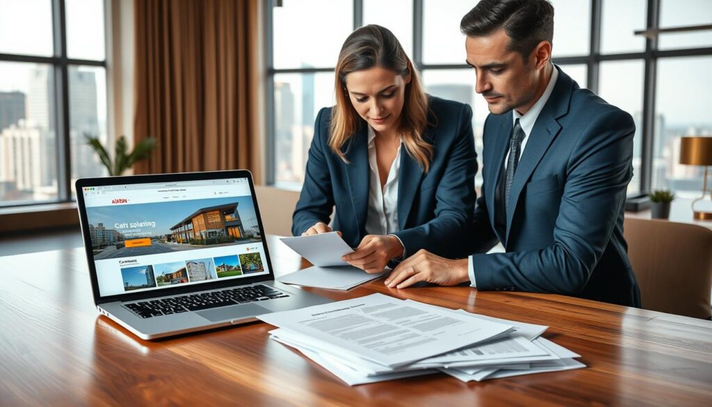 A photorealistic image depicting a modern office setting focused on real estate contracts. In the foreground, a professional-looking man and woman in business attire are examining a contract on a sleek wooden table. The woman is pointing at a section, demonstrating collaboration. In the middle ground, a stylish laptop displays an Airbnb listing while financial documents are neatly organized around them. The background features a bright, spacious office with large windows letting in natural light, showcasing a city skyline. The color scheme incorporates rich blue and gold accents, conveying a clean, premium look. The mood is professional and focused, emphasizing the seriousness of subletting and loans in the context of property management. A photorealistic image depicting a modern office setting focused on real estate contracts. In the foreground, a professional-looking man and woman in business attire are examining a contract on a sleek wooden table. The woman is pointing at a section, demonstrating collaboration. In the middle ground, a stylish laptop displays an Airbnb listing while financial documents are neatly organized around them. The background features a bright, spacious office with large windows letting in natural light, showcasing a city skyline. The color scheme incorporates rich blue and gold accents, conveying a clean, premium look. The mood is professional and focused, emphasizing the seriousness of subletting and loans in the context of property management.