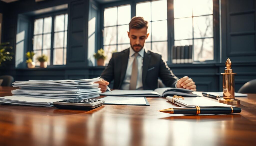 A photorealistic image depicting a serene office setting focused on the theme of "imposta di bollo." In the foreground, a polished wooden desk is adorned with neatly stacked financial documents and a sleek calculator, emphasizing the meticulous calculations involved in tax assessments. To the side, a high-end gold fountain pen rests beside an elegant notepad. In the middle ground, a well-dressed professional in formal business attire is absorbed in analyzing a financial report, showcasing focus and diligence. The background features large windows allowing natural light to pour in, casting soft shadows that create a warm, inviting atmosphere. The color palette emphasizes deep blue tones contrasted with luxurious gold accents, embodying a clean and premium aesthetic, enhancing the theme of financial responsibility. No text or labels are included in the imagery. A photorealistic image depicting a serene office setting focused on the theme of "imposta di bollo." In the foreground, a polished wooden desk is adorned with neatly stacked financial documents and a sleek calculator, emphasizing the meticulous calculations involved in tax assessments. To the side, a high-end gold fountain pen rests beside an elegant notepad. In the middle ground, a well-dressed professional in formal business attire is absorbed in analyzing a financial report, showcasing focus and diligence. The background features large windows allowing natural light to pour in, casting soft shadows that create a warm, inviting atmosphere. The color palette emphasizes deep blue tones contrasted with luxurious gold accents, embodying a clean and premium aesthetic, enhancing the theme of financial responsibility. No text or labels are included in the imagery.