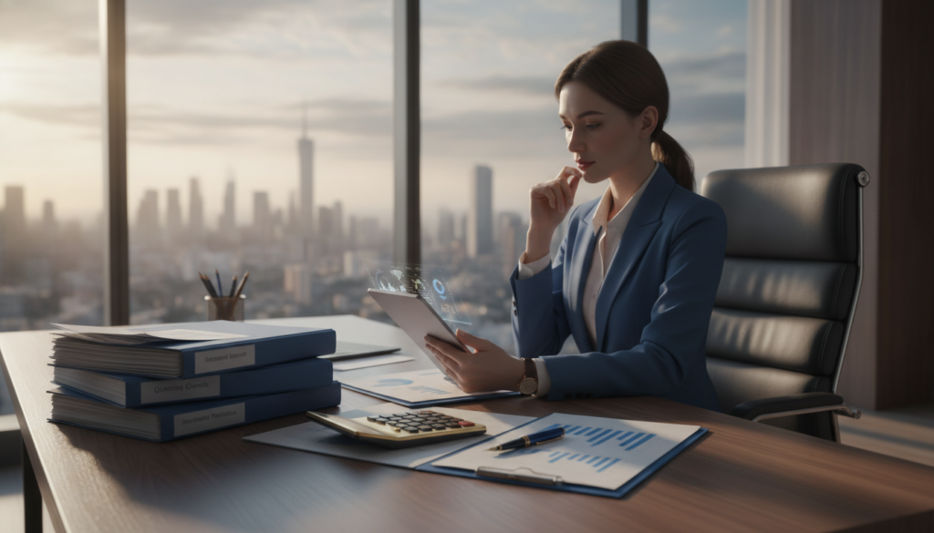 A photorealistic image depicting a sophisticated finance office scene illustrating the concept of "accumulation mechanism." In the foreground, a modern wooden desk displays an elegant gold calculator, a neatly stacked pile of financial reports, and a blue pen. In the middle ground, a professional figure in business attire examines a document, showcasing focused determination. The background features a large window with a city skyline view, bathed in soft sunlight that creates a warm, inviting atmosphere. The color palette emphasizes blues and golds, with clean lines and a premium aesthetic to convey professionalism and growth. The overall mood is one of optimism and clarity, perfect for illustrating the accumulation concept in finance.