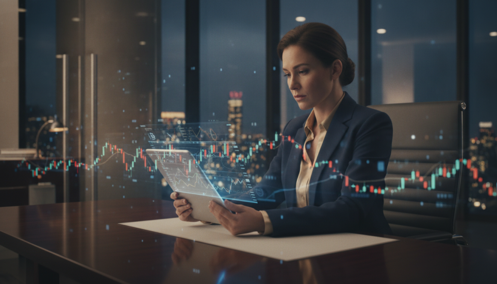 A photorealistic image depicting the management of risk and volatility in the Bitcoin market. In the foreground, a professional-looking businesswoman in smart attire studies complex financial graphs on a sleek digital tablet, her expression focused and analytical. In the middle, a modern office environment features a large window showcasing a city skyline at dusk, with blue and gold lighting softly illuminating the workspace. In the background, abstract representations of fluctuating Bitcoin values and candlestick charts shimmer, merging with digital elements to symbolize volatility. The overall atmosphere is one of sophistication and diligence, reflecting the seriousness of financial analysis. The color palette consists of deep blues and shimmering golds to create a premium look. A photorealistic image depicting the management of risk and volatility in the Bitcoin market. In the foreground, a professional-looking businesswoman in smart attire studies complex financial graphs on a sleek digital tablet, her expression focused and analytical. In the middle, a modern office environment features a large window showcasing a city skyline at dusk, with blue and gold lighting softly illuminating the workspace. In the background, abstract representations of fluctuating Bitcoin values and candlestick charts shimmer, merging with digital elements to symbolize volatility. The overall atmosphere is one of sophistication and diligence, reflecting the seriousness of financial analysis. The color palette consists of deep blues and shimmering golds to create a premium look.