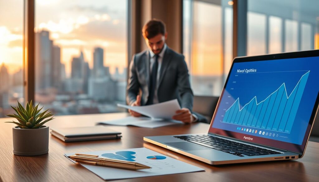 A photorealistic image depicting the theme of portfolio diversification. In the foreground, a neatly arranged modern office desk featuring an elegant gold pen, a sleek laptop displaying an abstract financial graph in soft blue tones, and a potted plant for a touch of nature. In the middle, a professional-looking individual in business attire, focused on reviewing documents, illustrating the concept of strategic investment choices. The background should showcase a panoramic view of a city skyline through a large window, bathed in warm, golden light of early evening, enhancing a mood of optimism and stability. The overall color palette should incorporate rich blues and golds, conveying a sense of professionalism and financial success. A photorealistic image depicting the theme of portfolio diversification. In the foreground, a neatly arranged modern office desk featuring an elegant gold pen, a sleek laptop displaying an abstract financial graph in soft blue tones, and a potted plant for a touch of nature. In the middle, a professional-looking individual in business attire, focused on reviewing documents, illustrating the concept of strategic investment choices. The background should showcase a panoramic view of a city skyline through a large window, bathed in warm, golden light of early evening, enhancing a mood of optimism and stability. The overall color palette should incorporate rich blues and golds, conveying a sense of professionalism and financial success.
