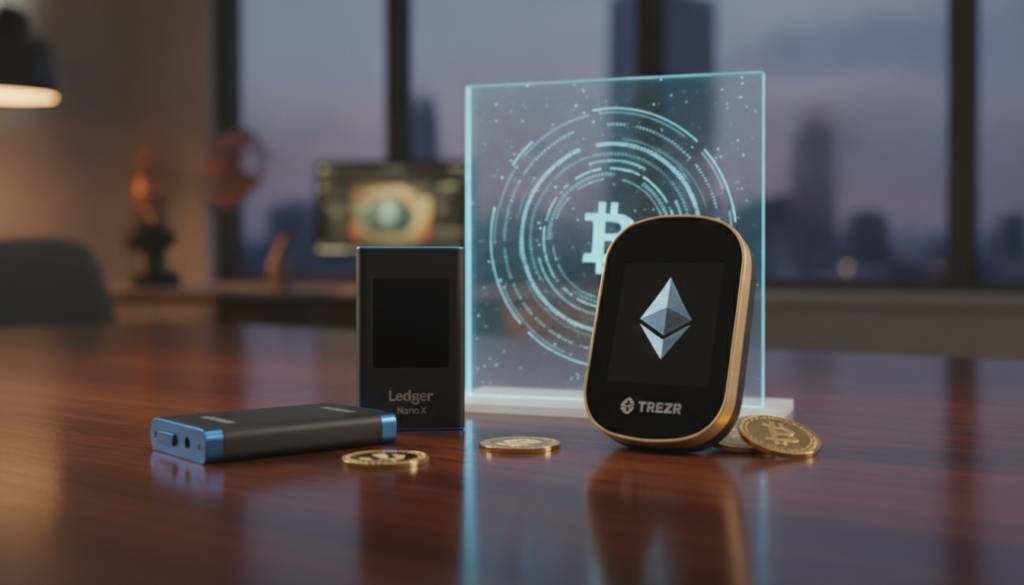 A photorealistic image of a cold wallet crypto device, specifically a Ledger and a Trezor, placed on a polished wooden desk in a modern office setting. The foreground features the cold wallets in sleek designs, showcasing their subtle blue and gold accents. In the middle ground, a few gold coins and a holographic digital asset display add to the financial theme. The background reveals a soft-focus view of a high-tech, minimalist office environment with soft lighting that emphasizes a professional atmosphere. The overall mood conveys security and sophistication, symbolizing trust in cryptocurrency storage. The camera angle is slightly elevated, capturing the wallets from a dynamic perspective while ensuring clarity and detail.