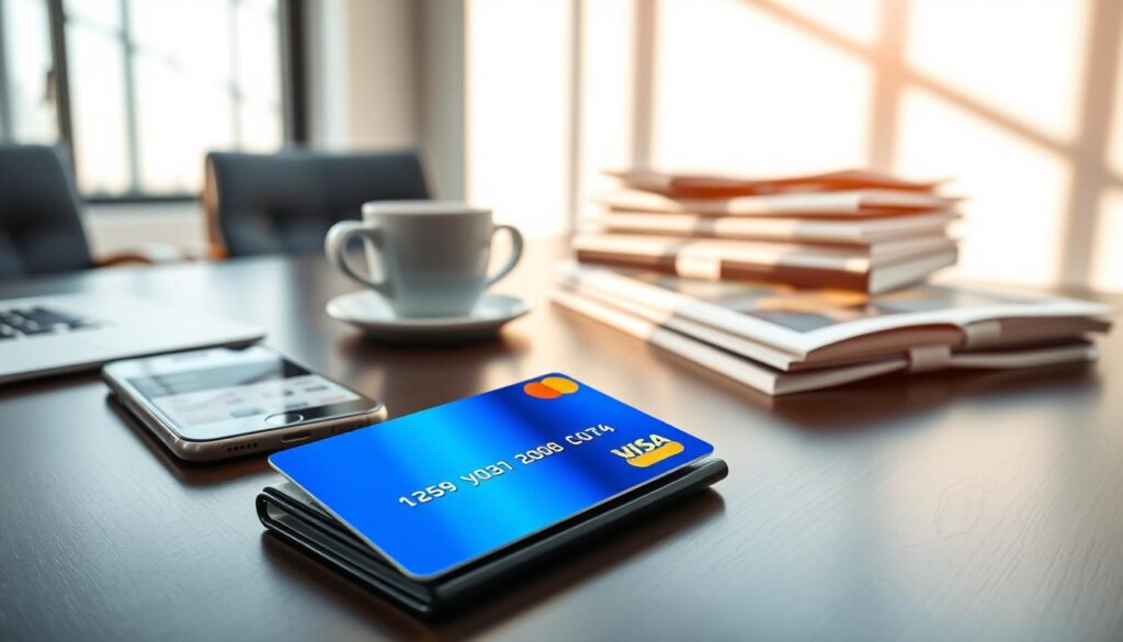 A photorealistic image of a modern office desk featuring an elegant loyalty card prominently displayed. The foreground showcases a shiny blue and gold loyalty card resting atop a sleek black leather wallet. To the side, a smartphone with a finances app open implies the digital aspect of loyalty programs. In the middle ground, a stylish coffee cup and a stack of business magazines add an air of professionalism. The background features a minimalist office space with a large window letting in soft, natural light, casting gentle shadows. The atmosphere is clean, sophisticated, and inviting, with a focus on optimizing financial savings through loyalty programs. Emphasize the premium look with well-defined lighting to enhance the textures and colors in the scene. A photorealistic image of a modern office desk featuring an elegant loyalty card prominently displayed. The foreground showcases a shiny blue and gold loyalty card resting atop a sleek black leather wallet. To the side, a smartphone with a finances app open implies the digital aspect of loyalty programs. In the middle ground, a stylish coffee cup and a stack of business magazines add an air of professionalism. The background features a minimalist office space with a large window letting in soft, natural light, casting gentle shadows. The atmosphere is clean, sophisticated, and inviting, with a focus on optimizing financial savings through loyalty programs. Emphasize the premium look with well-defined lighting to enhance the textures and colors in the scene.