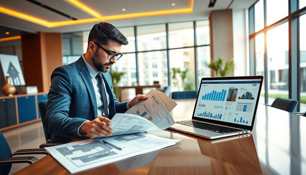 A photorealistic interior of a modern office, featuring a well-organized desk with blue and gold accents. In the foreground, a businessperson in professional attire examines blueprints and property listings, showcasing a focused and determined expression. The middle ground includes a stylish conference table with a laptop displaying charts of property values and renovation costs. In the background, large windows allow warm, natural light to flood the space, creating an inviting atmosphere. The setting reflects a clean, premium aesthetic with polished surfaces, emphasizing an atmosphere of strategy and financial success. The overall mood conveys professionalism and ambition in the real estate flipping industry. A photorealistic interior of a modern office, featuring a well-organized desk with blue and gold accents. In the foreground, a businessperson in professional attire examines blueprints and property listings, showcasing a focused and determined expression. The middle ground includes a stylish conference table with a laptop displaying charts of property values and renovation costs. In the background, large windows allow warm, natural light to flood the space, creating an inviting atmosphere. The setting reflects a clean, premium aesthetic with polished surfaces, emphasizing an atmosphere of strategy and financial success. The overall mood conveys professionalism and ambition in the real estate flipping industry.