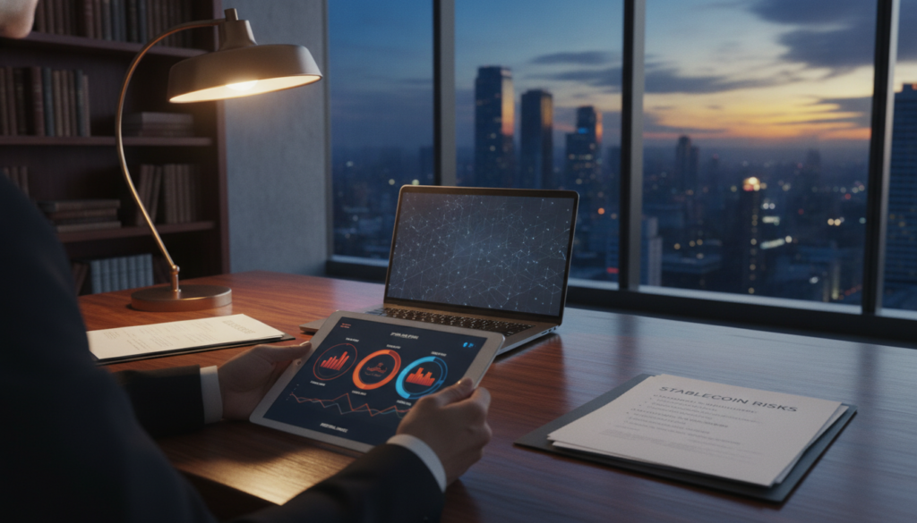 A photorealistic office environment featuring a modern desk with a sleek cryptocurrency-themed laptop, documents outlining stablecoin risks, and a subtle, high-tech atmosphere. In the foreground, focus on a pair of hands in business attire analyzing a digital tablet displaying graphs representing technical, financial, and legal risks associated with stablecoins. In the middle ground, include an elegant bookshelf filled with finance literature and a soft glow from a stylish desk lamp, emphasizing a calm yet serious mood. The background should showcase a city skyline through a large window, bathed in blue and gold hues, highlighting the premium look of the space without any text or charts. A photorealistic office environment featuring a modern desk with a sleek cryptocurrency-themed laptop, documents outlining stablecoin risks, and a subtle, high-tech atmosphere. In the foreground, focus on a pair of hands in business attire analyzing a digital tablet displaying graphs representing technical, financial, and legal risks associated with stablecoins. In the middle ground, include an elegant bookshelf filled with finance literature and a soft glow from a stylish desk lamp, emphasizing a calm yet serious mood. The background should showcase a city skyline through a large window, bathed in blue and gold hues, highlighting the premium look of the space without any text or charts.