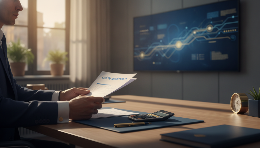 A photorealistic office environment featuring a polished wooden desk with an elegant blue and gold color scheme. In the foreground, a pair of hands, dressed in professional attire, are analyzing a stack of documents labeled "cedole rendimento," flanked by a sleek pen and a sophisticated calculator. In the middle ground, a soft-focus wall-mounted display shows abstract financial data, symbolizing the mechanics of bond yields. In the background, large windows let in warm natural light, casting gentle shadows that enhance the ambiance of a productive workspace. The overall mood is calm and focused, emphasizing clarity and professionalism in financial analysis.