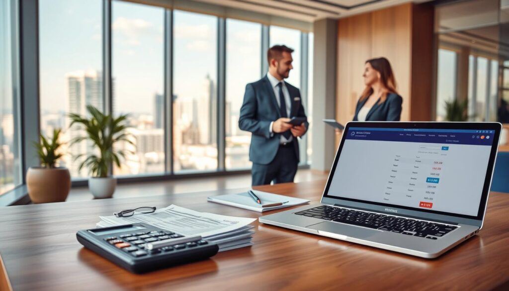 A photorealistic office environment focusing on mortgage finance for purchasing a second home. In the foreground, a sleek, modern wooden desk with a neatly organized stack of financial documents, a calculator, and a laptop open to a mortgage calculator page, all conveying professionalism. In the middle ground, a couple in business attire discussing their financing options, engaged and focused. The background features a large window showcasing a cityscape, letting in soft natural light that highlights the blue and gold color scheme throughout the room. The atmosphere is one of clarity and optimism, capturing the essence of financial planning for a second home. A photorealistic office environment focusing on mortgage finance for purchasing a second home. In the foreground, a sleek, modern wooden desk with a neatly organized stack of financial documents, a calculator, and a laptop open to a mortgage calculator page, all conveying professionalism. In the middle ground, a couple in business attire discussing their financing options, engaged and focused. The background features a large window showcasing a cityscape, letting in soft natural light that highlights the blue and gold color scheme throughout the room. The atmosphere is one of clarity and optimism, capturing the essence of financial planning for a second home.