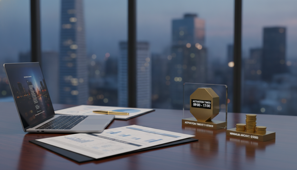 A photorealistic office environment is depicted, focusing on a modern desk with a sleek laptop, gold pen, and financial documents laid out neatly. In the foreground, a stylish clock displays activation times, and a small stack of gold coins symbolizes minimum amounts. The middle ground features a blurred background of a city skyline through panoramic windows, bathed in soft blue and gold lighting that creates a professional yet inviting atmosphere. The composition emphasizes clarity and sophistication, highlighting the essence of financial decision-making. The overall mood is focused and aspirational, suggesting the possibility of passive income through structured investments, without any distracting text or charts. A photorealistic office environment is depicted, focusing on a modern desk with a sleek laptop, gold pen, and financial documents laid out neatly. In the foreground, a stylish clock displays activation times, and a small stack of gold coins symbolizes minimum amounts. The middle ground features a blurred background of a city skyline through panoramic windows, bathed in soft blue and gold lighting that creates a professional yet inviting atmosphere. The composition emphasizes clarity and sophistication, highlighting the essence of financial decision-making. The overall mood is focused and aspirational, suggesting the possibility of passive income through structured investments, without any distracting text or charts.