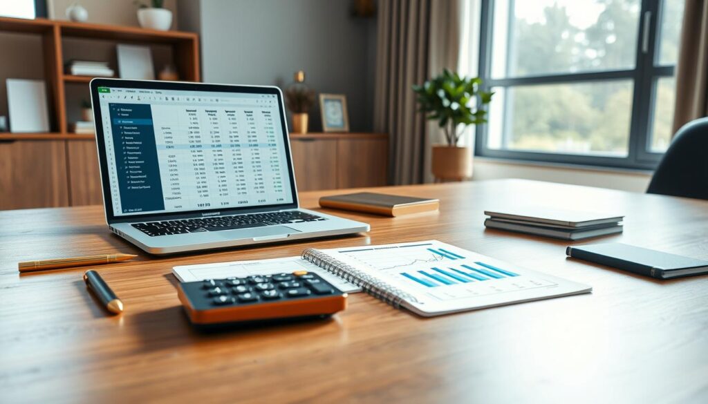 A photorealistic office scene depicting a clean, modern workspace focused on monthly income and expense analysis. In the foreground, a sleek wooden desk with a laptop open to a spreadsheet and financial calculations, surrounded by gold and blue stationery. The middle layer features an elegant calculator and a notepad with neatly organized charts, reflecting budgeting concepts. In the background, a large window lets in soft, natural light, enhancing the atmosphere of professionalism and focus. The color palette emphasizes luxurious blue and gold tones, creating a warm yet sophisticated environment. Overall, the composition should radiate clarity, organization, and smart financial management without any text or charts displayed. A photorealistic office scene depicting a clean, modern workspace focused on monthly income and expense analysis. In the foreground, a sleek wooden desk with a laptop open to a spreadsheet and financial calculations, surrounded by gold and blue stationery. The middle layer features an elegant calculator and a notepad with neatly organized charts, reflecting budgeting concepts. In the background, a large window lets in soft, natural light, enhancing the atmosphere of professionalism and focus. The color palette emphasizes luxurious blue and gold tones, creating a warm yet sophisticated environment. Overall, the composition should radiate clarity, organization, and smart financial management without any text or charts displayed.