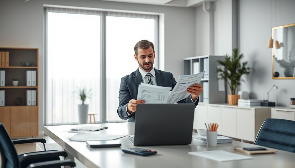 A photorealistic office scene depicting a modern, minimalistic workspace focused on cost-cutting strategies. In the foreground, a confident professional person in business attire, reviewing financial documents and sorting through expenses, showcasing a meticulous approach to budgeting. In the middle, a sleek desk with a laptop, neatly arranged paperwork, and a calculator, symbolizing organization and efficiency. In the background, a large window allowing natural light to flood the room, complemented by soothing blue and gold color accents throughout the office decor. The atmosphere is one of focus and determination, with a hint of optimism, reflecting the essence of reducing unnecessary expenses and optimizing financial resources. A photorealistic office scene depicting a modern, minimalistic workspace focused on cost-cutting strategies. In the foreground, a confident professional person in business attire, reviewing financial documents and sorting through expenses, showcasing a meticulous approach to budgeting. In the middle, a sleek desk with a laptop, neatly arranged paperwork, and a calculator, symbolizing organization and efficiency. In the background, a large window allowing natural light to flood the room, complemented by soothing blue and gold color accents throughout the office decor. The atmosphere is one of focus and determination, with a hint of optimism, reflecting the essence of reducing unnecessary expenses and optimizing financial resources.
