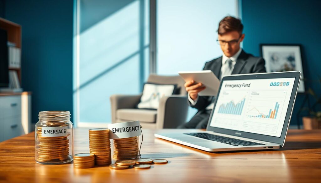 A photorealistic office scene depicting a personal finance workspace, emphasizing the concept of an emergency fund. In the foreground, a stylish wooden desk with a neatly stacked pile of gold coins and a savings jar labeled "Emergency Fund." A professional individual, dressed in smart business attire, examines a financial plan on a tablet. In the middle ground, a plush armchair with a sleek laptop open, showcasing financial graphs and documents. The background features a large window with soft natural light illuminating the space, casting gentle shadows. The overall color palette of blue and gold evokes a sense of financial stability and optimism. The atmosphere is clean, professional, and motivational, inspiring viewers to build their emergency funds.