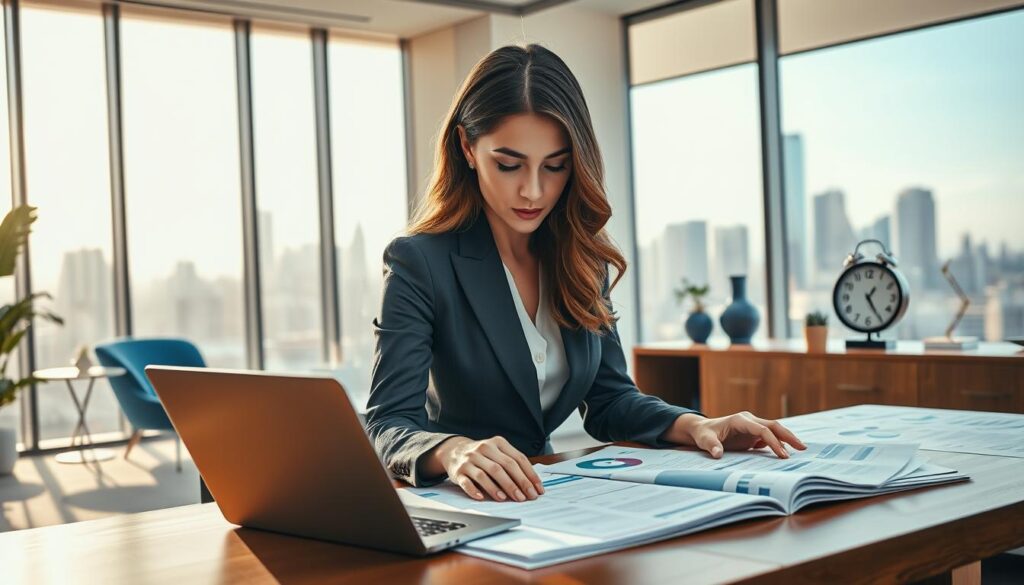 A photorealistic office scene depicting a professional financial analysis. In the foreground, a focused businesswoman in professional attire, analyzing documents on a sleek wooden desk filled with financial reports and a laptop. In the middle ground, large windows letting in soft, natural light, highlighting blue and gold accents in the interior design, such as stylish decor and a modern clock. The background features an elegant city skyline visible through the glass, symbolizing economic opportunity and growth. The atmosphere is serious yet optimistic, conveying a sense of strategic financial decision-making and evaluation of benefits. The lighting is bright and professional, enhancing the premium feel of the workplace environment. A photorealistic office scene depicting a professional financial analysis. In the foreground, a focused businesswoman in professional attire, analyzing documents on a sleek wooden desk filled with financial reports and a laptop. In the middle ground, large windows letting in soft, natural light, highlighting blue and gold accents in the interior design, such as stylish decor and a modern clock. The background features an elegant city skyline visible through the glass, symbolizing economic opportunity and growth. The atmosphere is serious yet optimistic, conveying a sense of strategic financial decision-making and evaluation of benefits. The lighting is bright and professional, enhancing the premium feel of the workplace environment.
