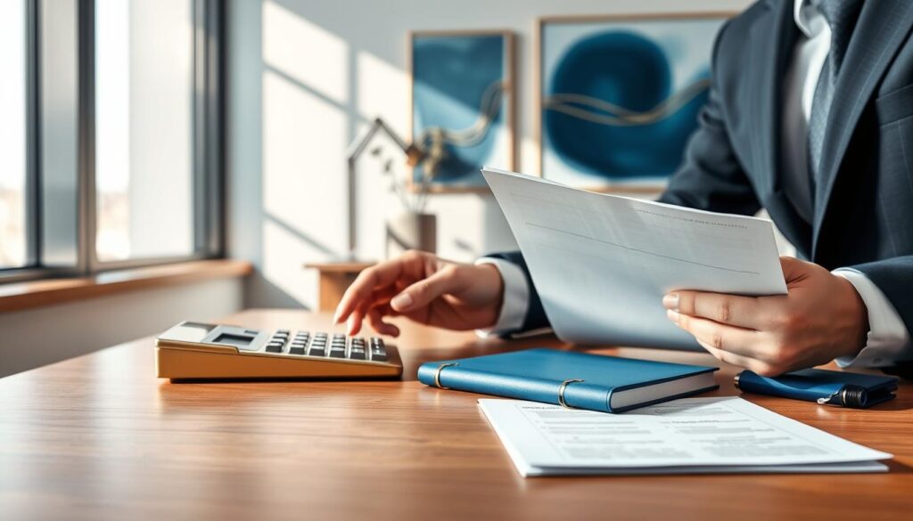 A photorealistic office scene depicting a sophisticated workspace focused on tax calculation in the forfait regime. In the foreground, a sleek wooden desk is adorned with a gold-accented calculator, a neatly stacked set of financial documents, and an elegant blue notebook. A person's hands, dressed in crisp business attire, are thoughtfully reviewing the paperwork. The background features a large window with soft natural light streaming in, casting gentle shadows across the room. The walls are decorated with minimalist art in blue and gold tones, enhancing the professional atmosphere. The overall mood is one of clarity and focus, encouraging a sense of professionalism and precision in financial management. A photorealistic office scene depicting a sophisticated workspace focused on tax calculation in the forfait regime. In the foreground, a sleek wooden desk is adorned with a gold-accented calculator, a neatly stacked set of financial documents, and an elegant blue notebook. A person's hands, dressed in crisp business attire, are thoughtfully reviewing the paperwork. The background features a large window with soft natural light streaming in, casting gentle shadows across the room. The walls are decorated with minimalist art in blue and gold tones, enhancing the professional atmosphere. The overall mood is one of clarity and focus, encouraging a sense of professionalism and precision in financial management.