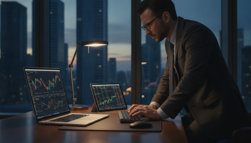 A photorealistic office scene depicting a sophisticated workspace focused on technical analysis in finance. In the foreground, a sleek desk with a polished wooden surface, featuring modern financial tools like a high-resolution laptop displaying candlestick charts and intricate financial graphs without any text. In the middle, a professional in business attire, deeply engaged in analyzing data, their focused expression illuminated by soft, warm light from a stylish desk lamp. The background showcases a large window with a view of a city skyline at dusk, with a beautiful gradient of blue and gold in the sky, conveying a sense of calm yet dynamic atmosphere. The overall design is clean and premium, highlighting the essence of data analysis and financial trends. A photorealistic office scene depicting a sophisticated workspace focused on technical analysis in finance. In the foreground, a sleek desk with a polished wooden surface, featuring modern financial tools like a high-resolution laptop displaying candlestick charts and intricate financial graphs without any text. In the middle, a professional in business attire, deeply engaged in analyzing data, their focused expression illuminated by soft, warm light from a stylish desk lamp. The background showcases a large window with a view of a city skyline at dusk, with a beautiful gradient of blue and gold in the sky, conveying a sense of calm yet dynamic atmosphere. The overall design is clean and premium, highlighting the essence of data analysis and financial trends.