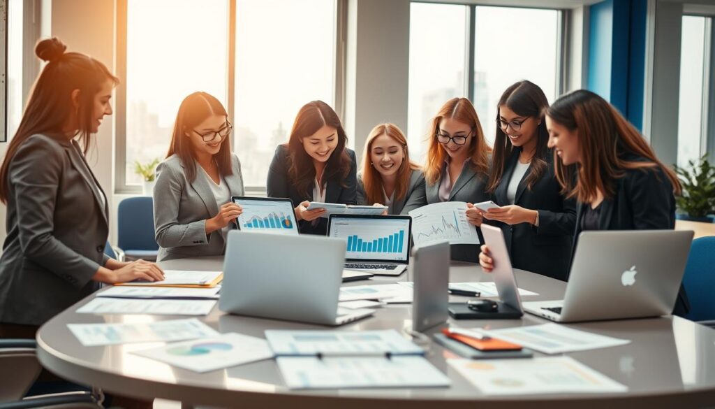 A photorealistic office scene depicting female and young entrepreneurs collaborating on innovative ideas. In the foreground, a diverse group of women and young adults in professional business attire, enthusiastically discussing over digital tablets with graphs and financial documents. In the middle ground, a sleek conference table littered with laptops and financial reports, demonstrating engagement and teamwork. The background features modern office decor with minimalist design, blue and gold accents highlighting a dynamic and professional atmosphere. Soft, natural lighting streams through large windows, casting a warm glow and creating an inviting environment, symbolizing growth and opportunity in female and youth entrepreneurship. The overall mood is inspiring and uplifting, emphasizing collaboration and empowerment in the realm of business. A photorealistic office scene depicting female and young entrepreneurs collaborating on innovative ideas. In the foreground, a diverse group of women and young adults in professional business attire, enthusiastically discussing over digital tablets with graphs and financial documents. In the middle ground, a sleek conference table littered with laptops and financial reports, demonstrating engagement and teamwork. The background features modern office decor with minimalist design, blue and gold accents highlighting a dynamic and professional atmosphere. Soft, natural lighting streams through large windows, casting a warm glow and creating an inviting environment, symbolizing growth and opportunity in female and youth entrepreneurship. The overall mood is inspiring and uplifting, emphasizing collaboration and empowerment in the realm of business.