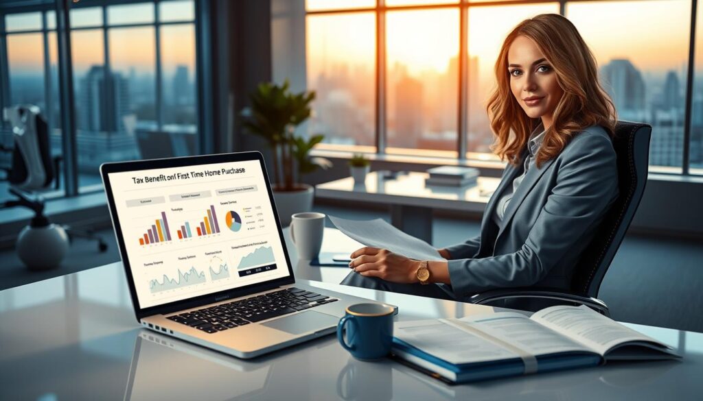 A photorealistic office scene depicting financial benefits related to first-time home purchases, showcasing elegant blue and gold colors. In the foreground, an open laptop displays a detailed presentation on tax benefits, with charts and graphs subtly visible. A stylish businesswoman in professional attire sits confidently at a sleek, modern desk, reviewing documents. In the middle ground, a well-organized workspace includes a potted plant, a coffee mug, and financial reports neatly arranged. The background features a panoramic city view through large windows, reflecting a vibrant but calm atmosphere, illuminated by soft, natural light. The overall mood conveys success, professionalism, and optimism about home ownership and financial empowerment. No text or charts should be visible. A photorealistic office scene depicting financial benefits related to first-time home purchases, showcasing elegant blue and gold colors. In the foreground, an open laptop displays a detailed presentation on tax benefits, with charts and graphs subtly visible. A stylish businesswoman in professional attire sits confidently at a sleek, modern desk, reviewing documents. In the middle ground, a well-organized workspace includes a potted plant, a coffee mug, and financial reports neatly arranged. The background features a panoramic city view through large windows, reflecting a vibrant but calm atmosphere, illuminated by soft, natural light. The overall mood conveys success, professionalism, and optimism about home ownership and financial empowerment. No text or charts should be visible.