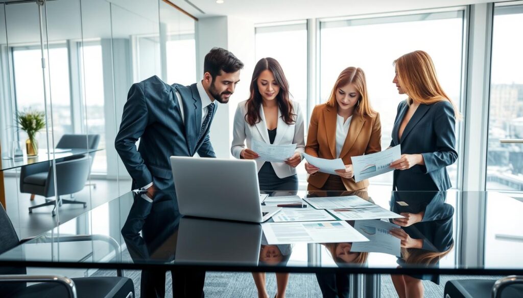 A photorealistic office scene depicting professional support services for "Partita IVA Forfettaria." In the foreground, a diverse group of three professionals—one man in a tailored navy suit and two women in elegant business attire—discuss financial documents on a sleek glass table. The middle ground features a laptop and financial reports, with a subtle gold accent on the table. The background showcases a modern office with large windows allowing soft, natural light to flood the space, enhancing the clean, premium atmosphere. The color palette incorporates blue and gold tones, creating a sense of professionalism and elegance. The mood should convey collaboration and expertise in financial consulting, emphasizing the concept of business support services. No text or graphics are present in the image. A photorealistic office scene depicting professional support services for "Partita IVA Forfettaria." In the foreground, a diverse group of three professionals—one man in a tailored navy suit and two women in elegant business attire—discuss financial documents on a sleek glass table. The middle ground features a laptop and financial reports, with a subtle gold accent on the table. The background showcases a modern office with large windows allowing soft, natural light to flood the space, enhancing the clean, premium atmosphere. The color palette incorporates blue and gold tones, creating a sense of professionalism and elegance. The mood should convey collaboration and expertise in financial consulting, emphasizing the concept of business support services. No text or graphics are present in the image.