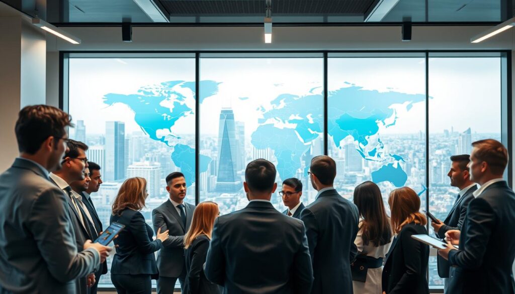 A photorealistic office scene depicting the internationalization process for Italian businesses. In the foreground, a diverse group of business professionals in formal attire is engaged in a collaborative discussion, surrounded by maps and digital devices illustrating global markets. The middle layer features a modern office with large windows showcasing a vibrant city skyline, symbolizing global opportunities. In the background, a world map is on the wall, marked with strategic locations in blue and gold colors, representing Italy and target markets. The lighting is bright and professional, emphasizing a clean and premium look, with a soft focus on the cityscape. The mood conveys ambition, professionalism, and collaboration in the world of international business. A photorealistic office scene depicting the internationalization process for Italian businesses. In the foreground, a diverse group of business professionals in formal attire is engaged in a collaborative discussion, surrounded by maps and digital devices illustrating global markets. The middle layer features a modern office with large windows showcasing a vibrant city skyline, symbolizing global opportunities. In the background, a world map is on the wall, marked with strategic locations in blue and gold colors, representing Italy and target markets. The lighting is bright and professional, emphasizing a clean and premium look, with a soft focus on the cityscape. The mood conveys ambition, professionalism, and collaboration in the world of international business.
