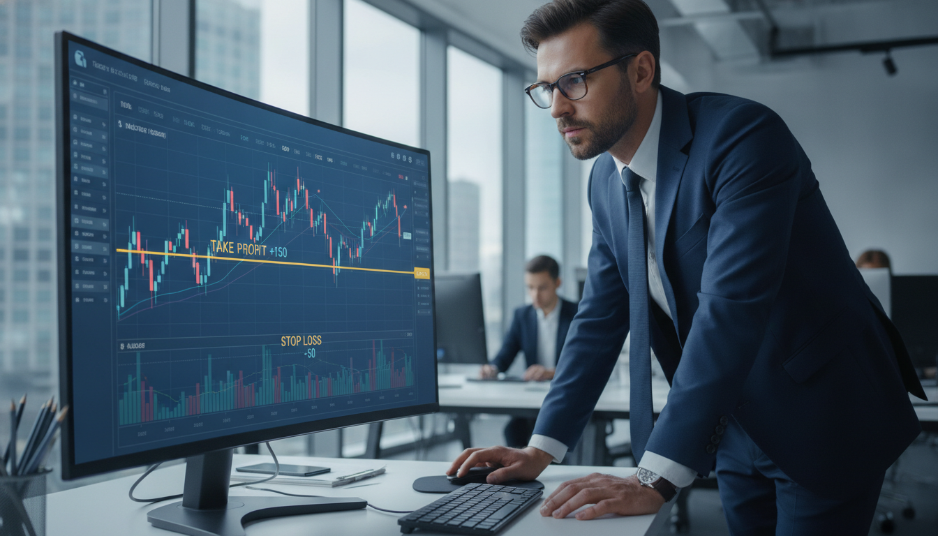 A photorealistic office scene featuring a digital trading interface on a sleek monitor, prominently displaying the concepts of stop loss and take profit settings. In the foreground, a well-dressed business professional, wearing a navy suit and glasses, is focused on analyzing the intricate candlestick charts. The interface glows softly with bluish tones, where specific stop loss and take profit levels are highlighted in gold. In the background, a modern office setting with large windows, allowing natural light to illuminate the space, enhances the atmosphere of professionalism and focus. The composition emphasizes clarity and precision, capturing the essence of financial analysis and strategy in a clean, premium style.