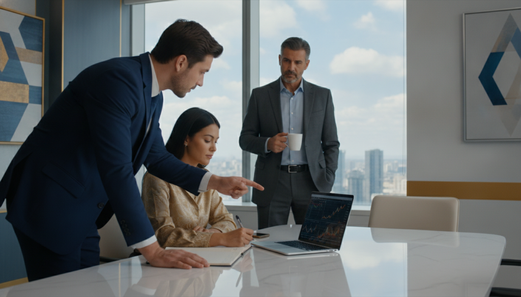 A photorealistic office scene featuring a diverse group of three professionals discussing trading strategies at a sleek, modern conference table. In the foreground, a focused male trader in a tailored navy suit points to financial data displayed on a laptop screen, while a female trader in a refined gold blouse takes notes. In the middle, a well-dressed middle-aged trader stands by a large window with a cityscape view, holding a ceramic coffee mug, exuding confidence. The background showcases a minimalist office design, with touches of blue and gold colors creating a premium atmosphere. Soft, natural lighting filters through the window, casting subtle shadows, while modern artwork adorns the walls, contributing to a productive and inspiring mood.