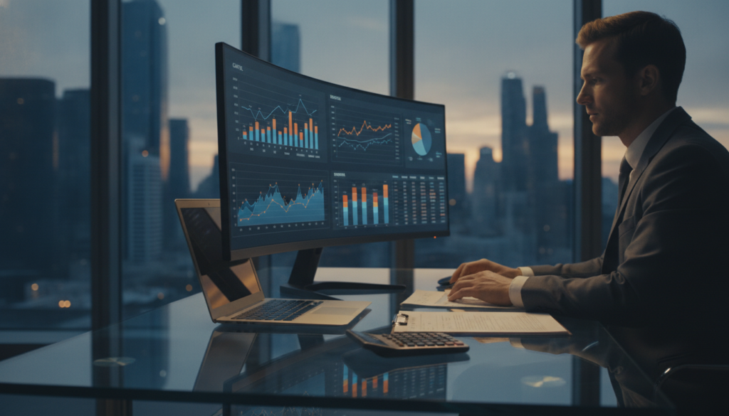 A photorealistic office scene featuring a sleek financial workspace. In the foreground, a modern glass desk showcases a gold-colored laptop, opened financial documents, and a financial calculator with a subtle reflection. In the middle, a professional individual in business attire analyzes data on a large screen displaying graphs and numbers, their focused expression conveying diligence and expertise. The background features a view of the city skyline through large windows, with warm blue and gold lighting creating an inviting yet sophisticated atmosphere. The overall composition captures the essence of capital and margin in finance, blending professionalism with a sense of importance. A photorealistic office scene featuring a sleek financial workspace. In the foreground, a modern glass desk showcases a gold-colored laptop, opened financial documents, and a financial calculator with a subtle reflection. In the middle, a professional individual in business attire analyzes data on a large screen displaying graphs and numbers, their focused expression conveying diligence and expertise. The background features a view of the city skyline through large windows, with warm blue and gold lighting creating an inviting yet sophisticated atmosphere. The overall composition captures the essence of capital and margin in finance, blending professionalism with a sense of importance.