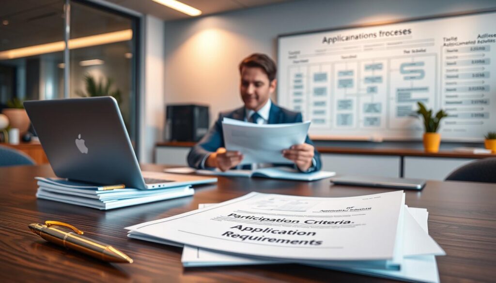 A photorealistic office scene featuring a stylish wooden desk with organized paperwork and a laptop, with a backdrop of a sleek corporate environment. In the foreground, an elegant gold pen rests beside a stack of documents labeled "Participation Criteria" and "Application Requirements" in a neatly arranged folder. The middle ground includes a professional individual in business attire, thoughtfully reviewing documents with a focused expression, while a whiteboard in the background displays flowcharts and timelines regarding application processes, all surrounded by a blue and gold color scheme that conveys professionalism. Soft, warm lighting creates an inviting atmosphere, with a subtle depth of field effect that keeps the focus on the desk and individual. A photorealistic office scene featuring a stylish wooden desk with organized paperwork and a laptop, with a backdrop of a sleek corporate environment. In the foreground, an elegant gold pen rests beside a stack of documents labeled "Participation Criteria" and "Application Requirements" in a neatly arranged folder. The middle ground includes a professional individual in business attire, thoughtfully reviewing documents with a focused expression, while a whiteboard in the background displays flowcharts and timelines regarding application processes, all surrounded by a blue and gold color scheme that conveys professionalism. Soft, warm lighting creates an inviting atmosphere, with a subtle depth of field effect that keeps the focus on the desk and individual.