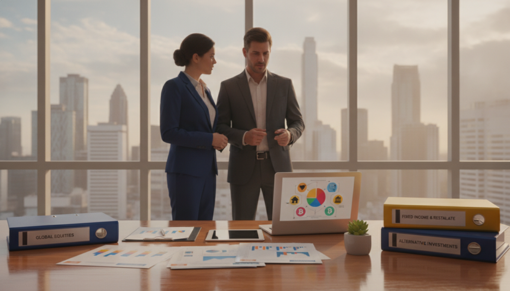 A photorealistic office scene focused on diversification in finance. In the foreground, a polished wooden desk displays an elegant assortment of investment documents, neatly arranged gold and blue binders, and a small potted plant for a touch of greenery. The middle ground features two professionals, a man and a woman, both dressed in smart business attire, engaged in a lively discussion while pointing at a laptop screen showing diversified asset types. In the background, a large window lets in soft natural light, casting warm hues across the room and providing a view of a city skyline. The atmosphere conveys professionalism and growth, emphasizing the importance of diversification in long-term financial success. A photorealistic office scene focused on diversification in finance. In the foreground, a polished wooden desk displays an elegant assortment of investment documents, neatly arranged gold and blue binders, and a small potted plant for a touch of greenery. The middle ground features two professionals, a man and a woman, both dressed in smart business attire, engaged in a lively discussion while pointing at a laptop screen showing diversified asset types. In the background, a large window lets in soft natural light, casting warm hues across the room and providing a view of a city skyline. The atmosphere conveys professionalism and growth, emphasizing the importance of diversification in long-term financial success.