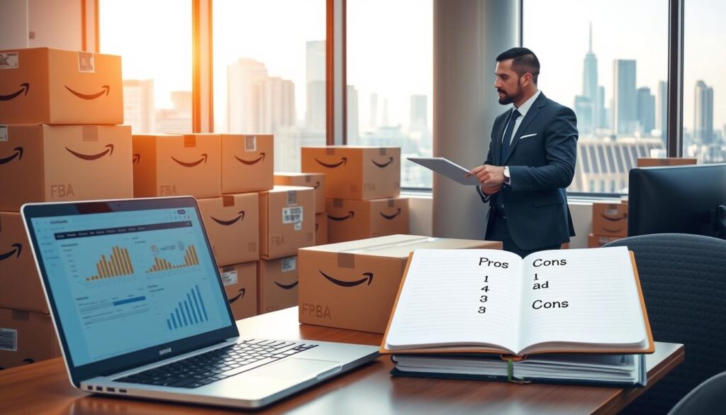 A photorealistic office scene illustrating the advantages and disadvantages of Amazon FBA for an online business. In the foreground, a well-organized workspace featuring a laptop displaying product listings and graphs, surrounded by neatly stacked boxes labeled with Amazon logos. The middle ground shows two professionals in smart business attire engaged in a discussion, one pointing at a notebook with bullet points titled "Pros and Cons". In the background, a large window with soft, natural light streaming in, highlighting a city skyline. Use a blue and gold color palette to convey a premium look, creating an atmosphere of focus and strategic planning. Ensure the setting is clean and polished but avoids any text, charts, or watermarks.