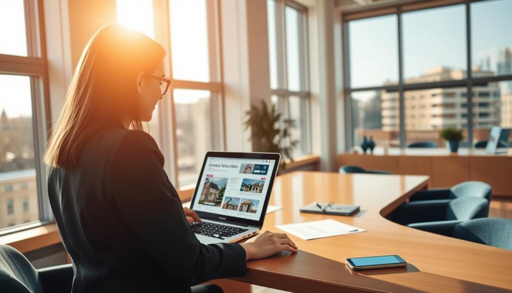 A photorealistic office scene illustrating the advantages of online real estate sales. In the foreground, a professional woman in business attire is confidently browsing a laptop showing a streamlined auction platform. In the middle ground, an elegant desk with a few documents and a smartphone, reflecting modern technology in real estate transactions. In the background, large windows allow warm natural light to flood in, accentuating a golden color scheme alongside calming blue accents in the decor. The atmosphere is productive and optimistic, symbolizing simplified procedures and the benefits of telematic sales in real estate, without any text or overlays. A photorealistic office scene illustrating the advantages of online real estate sales. In the foreground, a professional woman in business attire is confidently browsing a laptop showing a streamlined auction platform. In the middle ground, an elegant desk with a few documents and a smartphone, reflecting modern technology in real estate transactions. In the background, large windows allow warm natural light to flood in, accentuating a golden color scheme alongside calming blue accents in the decor. The atmosphere is productive and optimistic, symbolizing simplified procedures and the benefits of telematic sales in real estate, without any text or overlays.