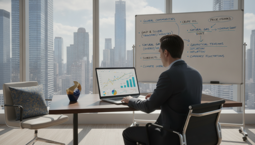 A photorealistic office scene illustrating the analysis of factors influencing raw material prices. In the foreground, a professional in business attire examines charts and graphs on a sleek laptop. Beside them, gold and blue accents in the decor create a premium look. The middle ground features a large window revealing a city skyline, bathed in natural light, casting soft shadows. In the background, a whiteboard displays handwritten notes on commodities like gold, oil, and gas, emphasizing their impacts on pricing. The atmosphere is focused and analytical, evoking a sense of professionalism and strategic investment. The composition balances clarity with depth of analysis while maintaining a clean aesthetic, devoid of any text or graphic clutter. A photorealistic office scene illustrating the analysis of factors influencing raw material prices. In the foreground, a professional in business attire examines charts and graphs on a sleek laptop. Beside them, gold and blue accents in the decor create a premium look. The middle ground features a large window revealing a city skyline, bathed in natural light, casting soft shadows. In the background, a whiteboard displays handwritten notes on commodities like gold, oil, and gas, emphasizing their impacts on pricing. The atmosphere is focused and analytical, evoking a sense of professionalism and strategic investment. The composition balances clarity with depth of analysis while maintaining a clean aesthetic, devoid of any text or graphic clutter.