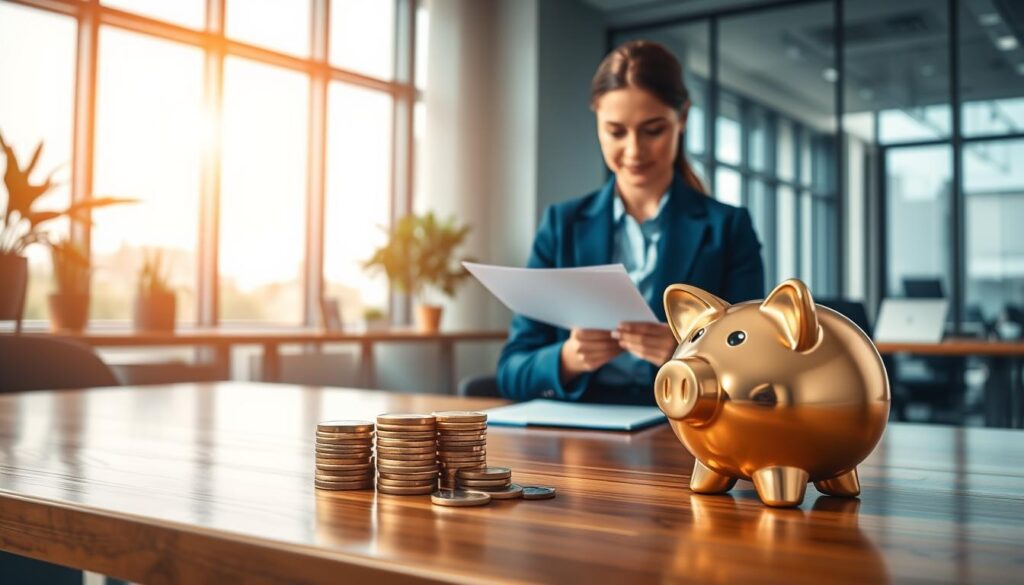 A photorealistic office scene portraying the concept of savings security. In the foreground, a polished wooden desk with a sleek gold and blue piggy bank symbolizing safe savings, alongside some elegantly stacked coins. In the middle ground, a confident, professional woman dressed in business attire is analyzing financial documents with a focused expression, embodying diligence in managing savings. In the background, a modern office environment with large windows allowing soft sunlight to filter through, casting a warm glow over the interior. The overall mood is one of professionalism, trust, and optimism about financial security, with blue and gold colors creating a clean, premium look throughout the scene. A photorealistic office scene portraying the concept of savings security. In the foreground, a polished wooden desk with a sleek gold and blue piggy bank symbolizing safe savings, alongside some elegantly stacked coins. In the middle ground, a confident, professional woman dressed in business attire is analyzing financial documents with a focused expression, embodying diligence in managing savings. In the background, a modern office environment with large windows allowing soft sunlight to filter through, casting a warm glow over the interior. The overall mood is one of professionalism, trust, and optimism about financial security, with blue and gold colors creating a clean, premium look throughout the scene.