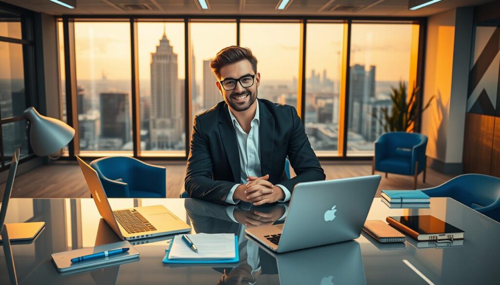 A photorealistic office scene showcasing a confident freelance professional sitting at a sleek desk, surrounded by modern technology and tools that symbolize success, like a laptop, notebooks, and a digital tablet. They are dressed in stylish business attire, reflecting professionalism and creativity. The lighting is warm and inviting, casting a golden glow on the workspace, with blue accents in the decor for a contemporary feel. In the background, a large window reveals a cityscape, emphasizing growth and opportunity. The atmosphere is focused yet inspirational, capturing the essence of strategies for freelance success in a premium, clean aesthetic, with no text or distractions in the image. A photorealistic office scene showcasing a confident freelance professional sitting at a sleek desk, surrounded by modern technology and tools that symbolize success, like a laptop, notebooks, and a digital tablet. They are dressed in stylish business attire, reflecting professionalism and creativity. The lighting is warm and inviting, casting a golden glow on the workspace, with blue accents in the decor for a contemporary feel. In the background, a large window reveals a cityscape, emphasizing growth and opportunity. The atmosphere is focused yet inspirational, capturing the essence of strategies for freelance success in a premium, clean aesthetic, with no text or distractions in the image.