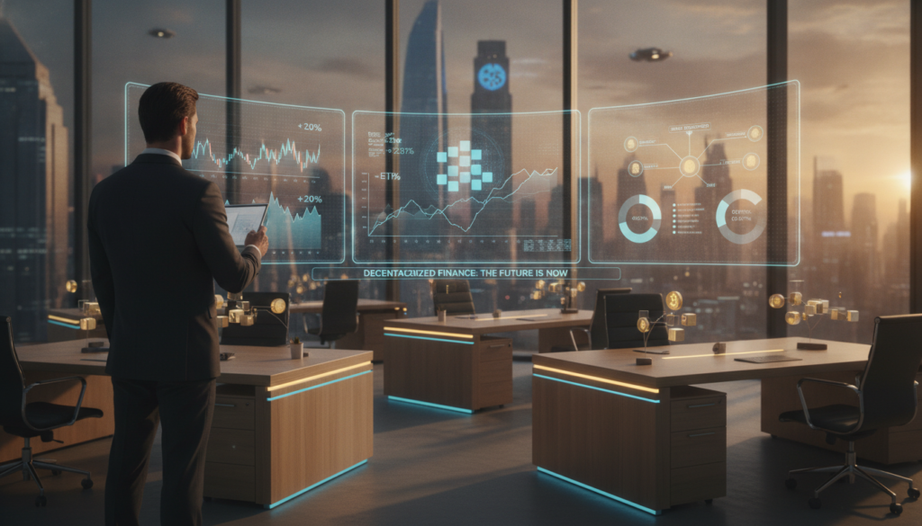 A photorealistic office scene showcasing the advantages of decentralized finance (DeFi) in the financial ecosystem. In the foreground, a confident business professional in formal attire, thoughtfully analyzing digital financial data displayed on multiple sleek screens. In the middle, modern desks with high-end, minimalist design, featuring gold and blue accents, symbolizing innovation and stability. The background reveals a vibrant, futuristic city skyline, bathed in warm golden light, signifying growth and opportunity in the DeFi space. The overall atmosphere is one of optimism and progress, with soft, diffused lighting that highlights the clean and premium look of the environment, emphasizing a new era of banking solutions. A photorealistic office scene showcasing the advantages of decentralized finance (DeFi) in the financial ecosystem. In the foreground, a confident business professional in formal attire, thoughtfully analyzing digital financial data displayed on multiple sleek screens. In the middle, modern desks with high-end, minimalist design, featuring gold and blue accents, symbolizing innovation and stability. The background reveals a vibrant, futuristic city skyline, bathed in warm golden light, signifying growth and opportunity in the DeFi space. The overall atmosphere is one of optimism and progress, with soft, diffused lighting that highlights the clean and premium look of the environment, emphasizing a new era of banking solutions.