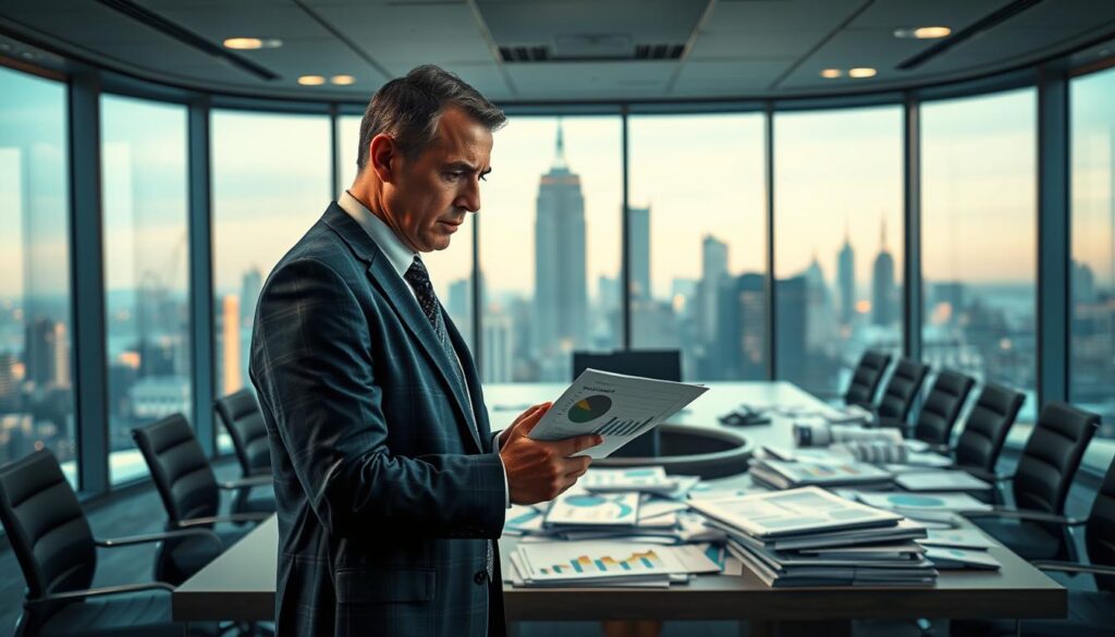A photorealistic office scene showcasing the challenges of implementing ESG criteria, emphasizing greenwashing and data limitations. In the foreground, a well-dressed business professional with a concerned expression examines unclear graphs and charts, representing unreliable ESG data. In the middle, a large conference table is cluttered with reports and sustainability documents, highlighting the complexity of ESG compliance. The background features large windows revealing a city skyline, bathed in soft blue and gold lighting, symbolizing the intersection of finance and environmental responsibility. The atmosphere is tense yet focused, capturing the urgency and significance of understanding ESG risks. The overall composition conveys a clean, premium aesthetic without any text or logos. A photorealistic office scene showcasing the challenges of implementing ESG criteria, emphasizing greenwashing and data limitations. In the foreground, a well-dressed business professional with a concerned expression examines unclear graphs and charts, representing unreliable ESG data. In the middle, a large conference table is cluttered with reports and sustainability documents, highlighting the complexity of ESG compliance. The background features large windows revealing a city skyline, bathed in soft blue and gold lighting, symbolizing the intersection of finance and environmental responsibility. The atmosphere is tense yet focused, capturing the urgency and significance of understanding ESG risks. The overall composition conveys a clean, premium aesthetic without any text or logos.