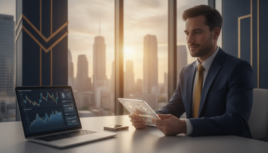 A photorealistic office scene showcasing the concept of staking on Ethereum 2.0, with a sleek desk in the foreground that features a laptop displaying Ethereum charts and a digital wallet interface. In the middle, a professional individual in business attire analyzes data, surrounded by gold and blue accents, symbolizing stability and success. In the background, large windows reveal a modern city skyline, bathed in warm, natural light, conveying a sense of progress and investment opportunity. The overall mood is one of professionalism and innovation, emphasizing the benefits of Ethereum 2.0 staking for investors, with a clean, premium aesthetic that focuses on financial growth and technology. A photorealistic office scene showcasing the concept of staking on Ethereum 2.0, with a sleek desk in the foreground that features a laptop displaying Ethereum charts and a digital wallet interface. In the middle, a professional individual in business attire analyzes data, surrounded by gold and blue accents, symbolizing stability and success. In the background, large windows reveal a modern city skyline, bathed in warm, natural light, conveying a sense of progress and investment opportunity. The overall mood is one of professionalism and innovation, emphasizing the benefits of Ethereum 2.0 staking for investors, with a clean, premium aesthetic that focuses on financial growth and technology.