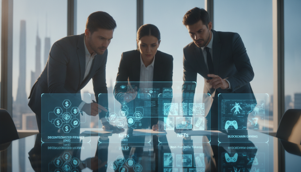 A photorealistic office scene showcasing the main categories of altcoins for 2026. In the foreground, a sleek glass table featuring vibrant blue and gold visual representations of various altcoin categories, such as decentralized finance, NFTs, and blockchain gaming. The middle layer includes a group of three professionals in smart business attire, discussing and analyzing the altcoin charts, with expressions of focus and determination. The background is a modern office space with large windows allowing natural light to flood in, creating a bright, optimistic atmosphere. Soft reflections on the glass surfaces enhance the clean, premium look, while a warm glow adds to the overall ambiance of innovation and potential.