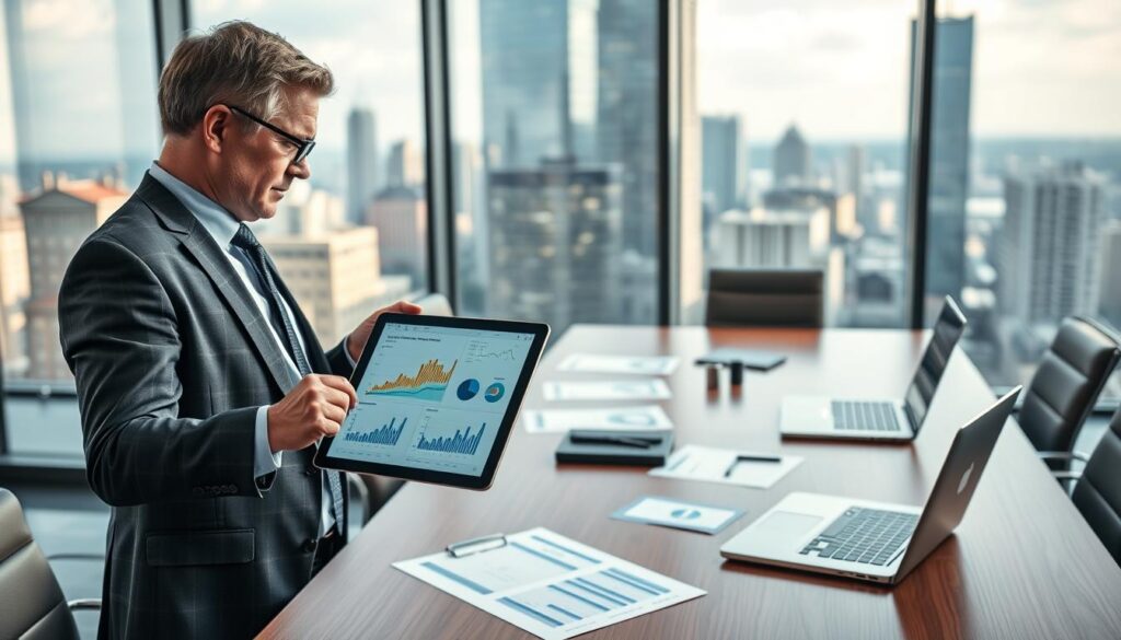 A photorealistic office setting focused on financial management for pension funds. In the foreground, a professional financial advisor dressed in business attire reviews investment portfolios on a sleek digital tablet, showcasing graphs and charts with blue and gold color schemes. The middle ground features a modern conference table with high-quality materials, decorated with financial documents and a laptop. In the background, a large window reveals a dynamic cityscape, casting soft natural light into the room. The atmosphere is focused and sophisticated, emphasizing trust and professionalism in financial planning. The overall tone conveys the importance of prudent financial management and investment strategy in pension funds. A photorealistic office setting focused on financial management for pension funds. In the foreground, a professional financial advisor dressed in business attire reviews investment portfolios on a sleek digital tablet, showcasing graphs and charts with blue and gold color schemes. The middle ground features a modern conference table with high-quality materials, decorated with financial documents and a laptop. In the background, a large window reveals a dynamic cityscape, casting soft natural light into the room. The atmosphere is focused and sophisticated, emphasizing trust and professionalism in financial planning. The overall tone conveys the importance of prudent financial management and investment strategy in pension funds.